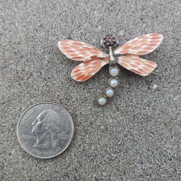 Gerard Yosca Brooch Figural Vintage Enamel Dragonfly in Silver, Orange + White - Picture 7 of 14